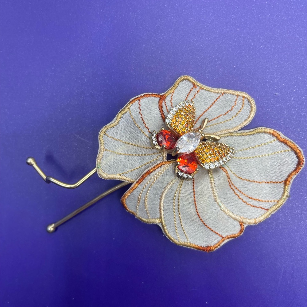 Embellished White Flower hair clip with Orange and Clear Crystals